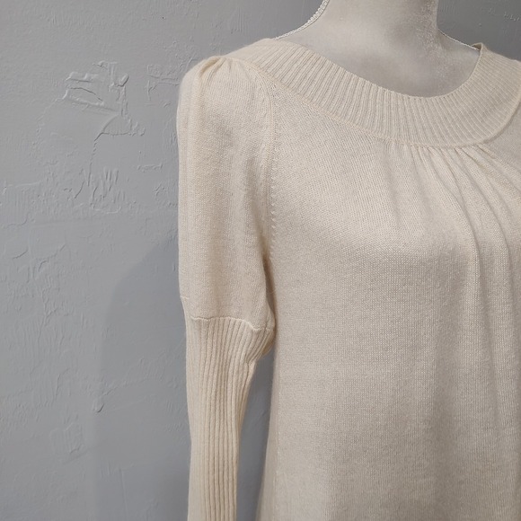 Aqua Women's Sweater Dress Size Large Ivory Long Sleeve Knit Tunic Puff Shoulder - Picture 2 of 7